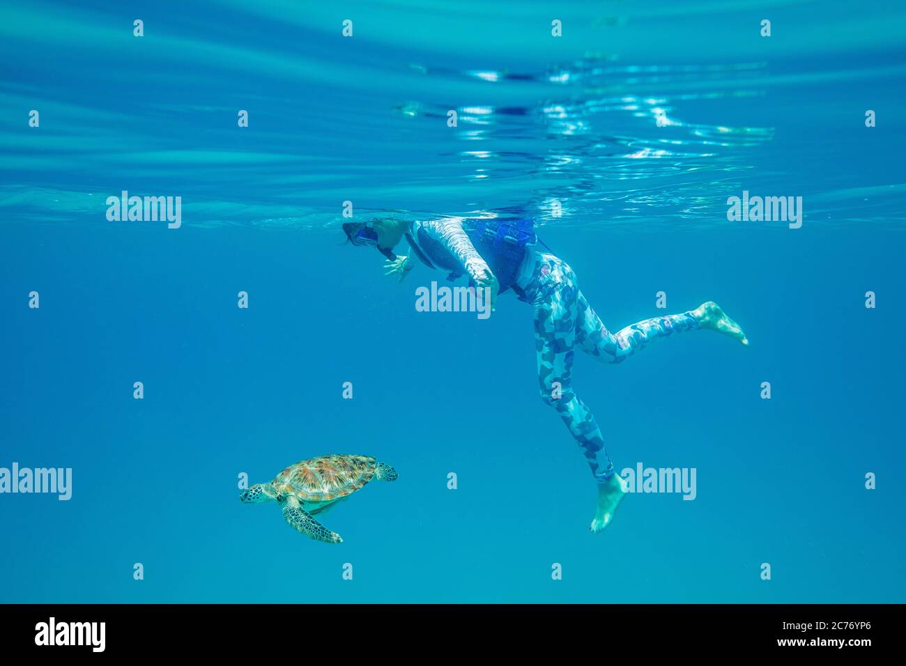 Teenage girl swimming in ocean with a turtle, Malaysia Stock Photo