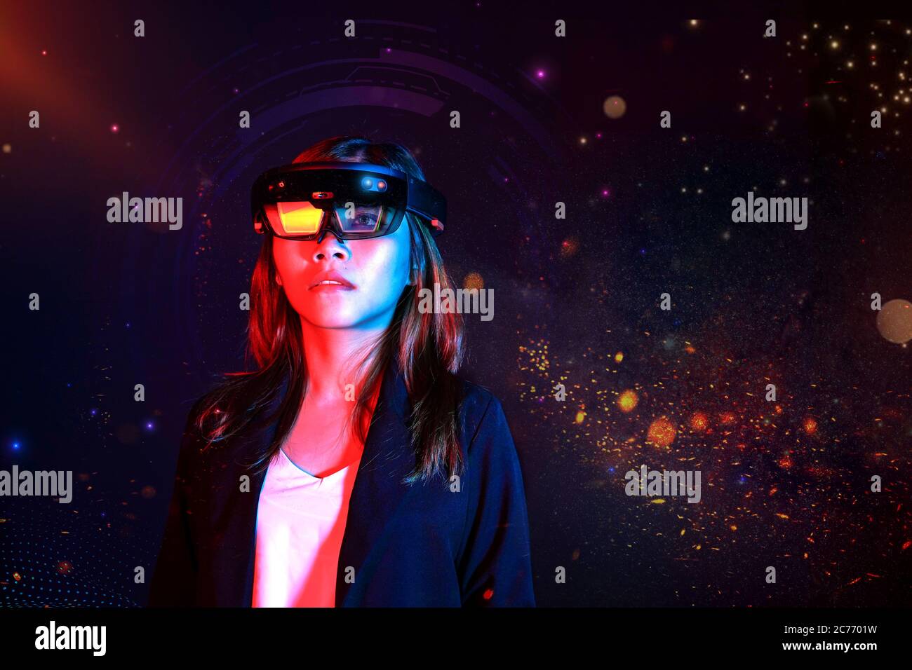 Business asian woman experiences hololens glass in the universe. Mixed reality future technology concept Stock Photo