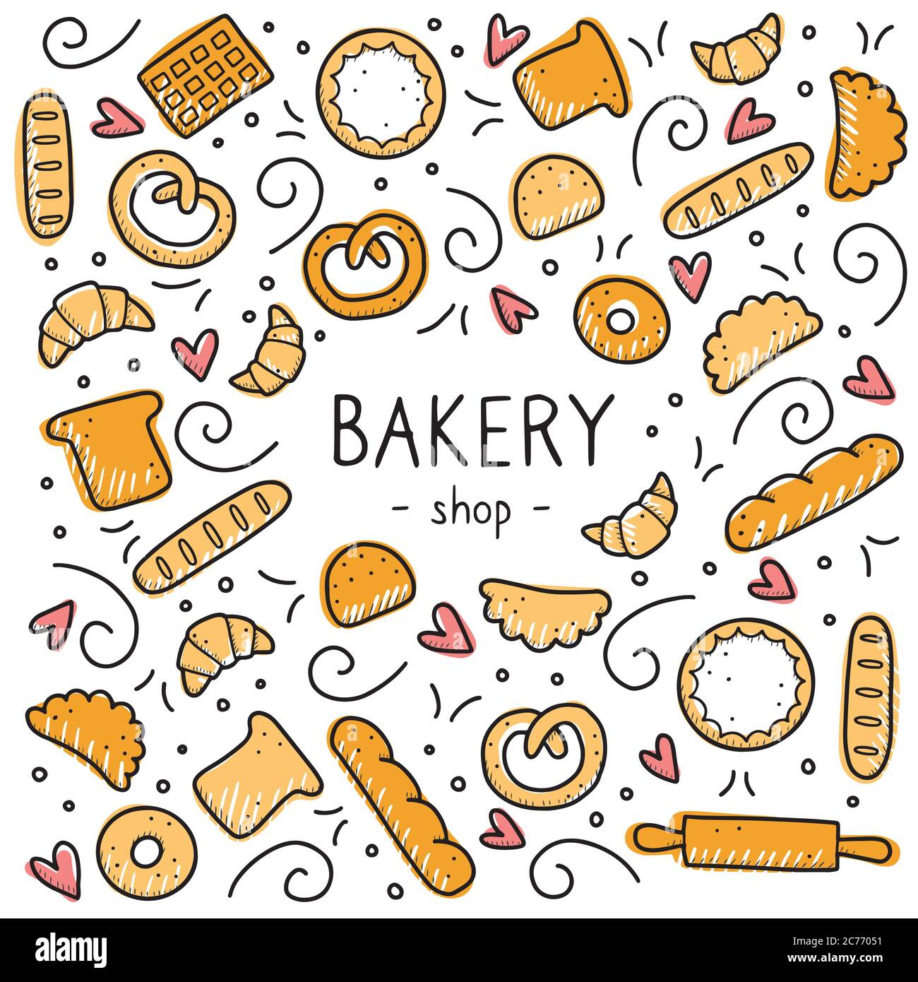 Hand drawn set of bakery and baking elements, bread, pastry, croissant ...