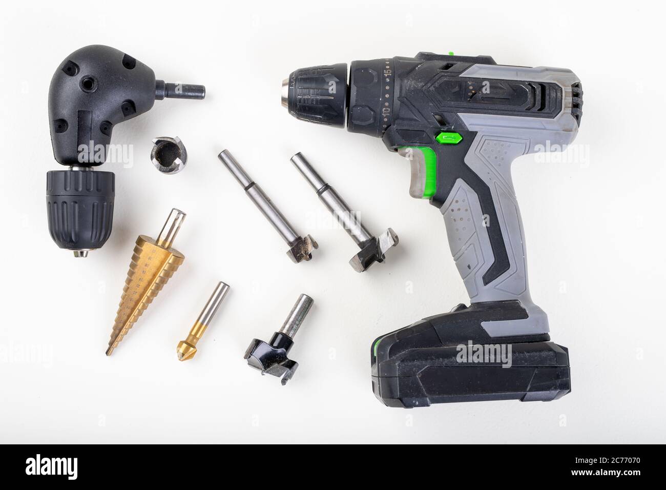 Screwdriver, angular gear and special drills. Special tools in a ...