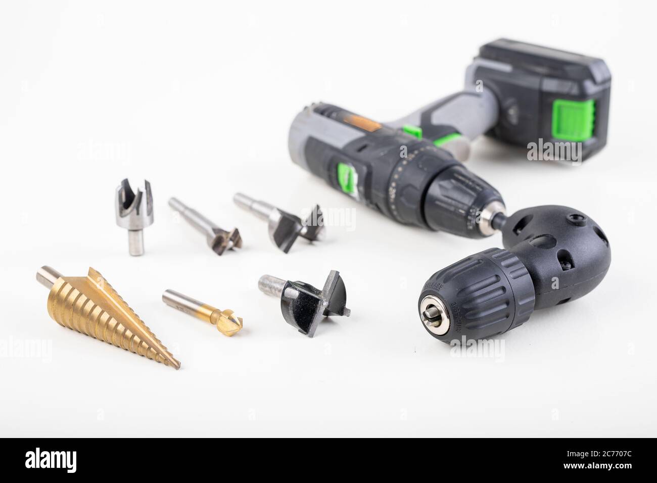 Screwdriver, angular gear and special drills. Special tools in a ...