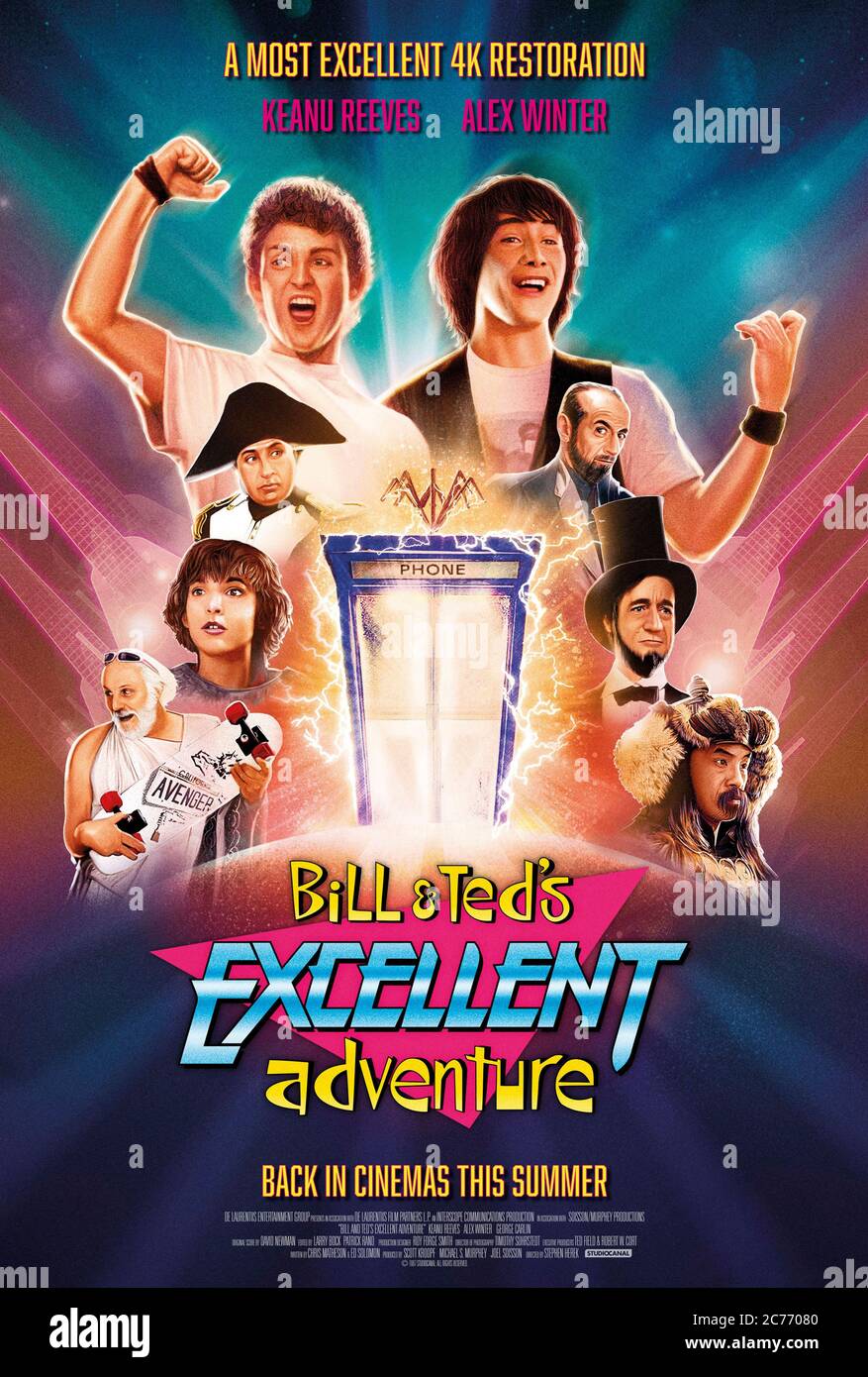 Bill & Ted's Excellent Adventure (1989) directed by Stephen Herek and starring Keanu Reeves, Alex Winter, George Carlin and Terry Camilleri. 4K theatrical re-release for the cult 1989 film about two underachieving teenagers who set off in a time machine and meet historical figures. Stock Photo