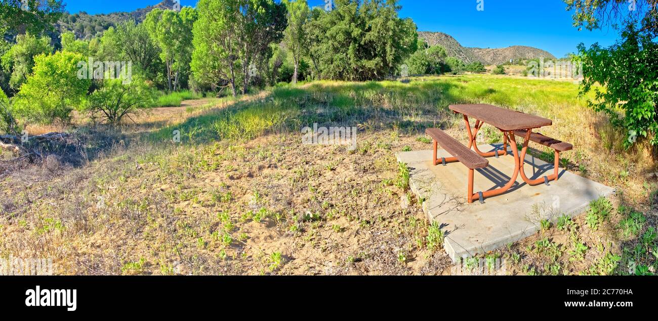 Picnic Table near Riparian Forest, Historic Stewart Ranch, Upper Verde River wildlife Area, near Paulden, Arizona, USA Stock Photo