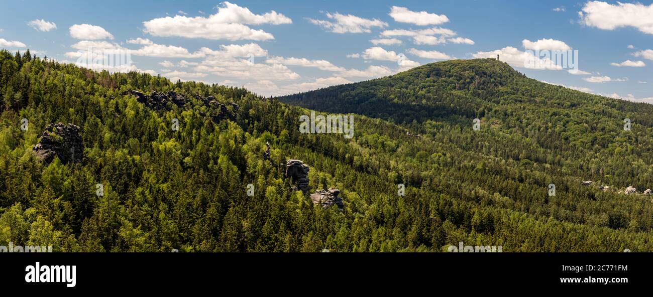 mountain panorama with high forest tower Stock Photo