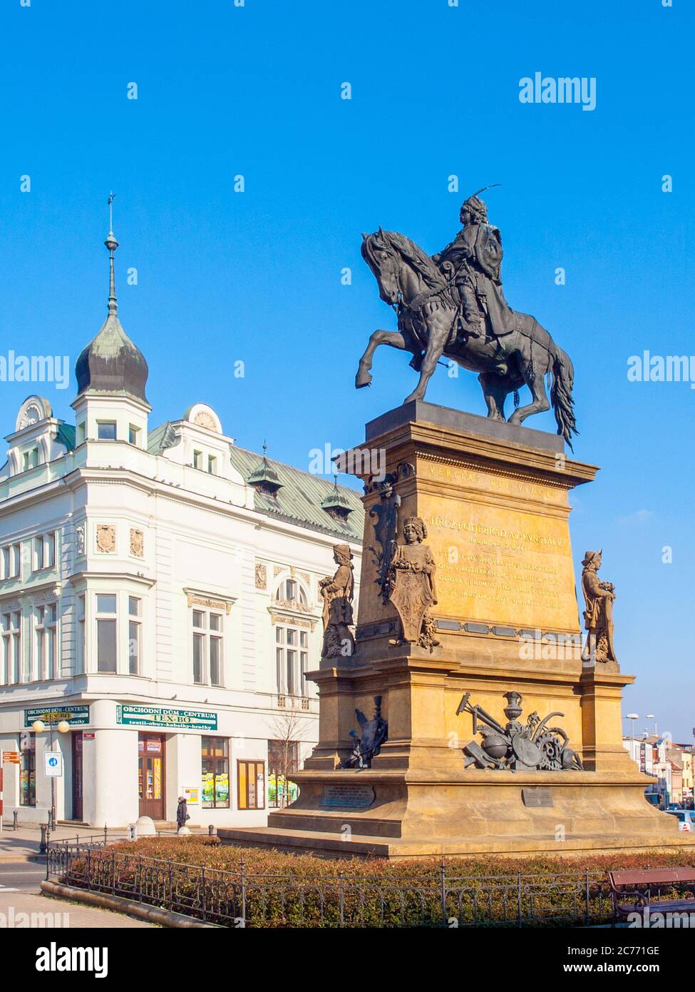 PODEBRADY, CZECH REPUBLIC - FEBRUARY 26, 2018: Equestrian statue of George of Podebrady, Jiri z Podebrad, in Podebrady, Czech Republic. Stock Photo