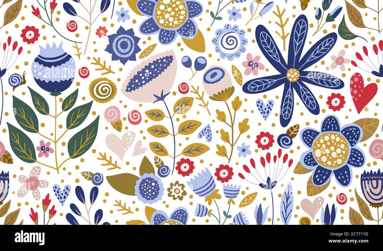 Floral ornate seamless cartoon pattern. Summer vector vintage background. Textured flower summer illustration. Decorative botanical drawing. Stock Vector