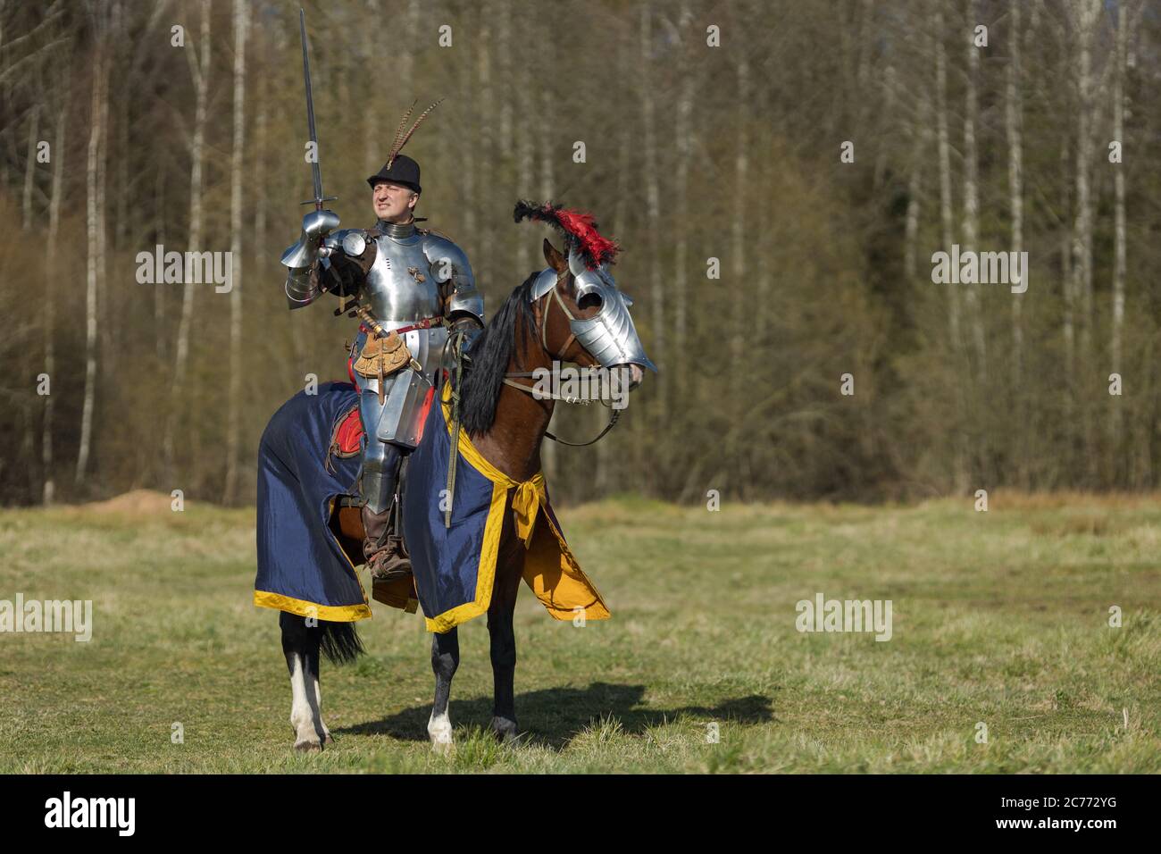 adult man in ancient knight armor rides across the field on a horse in ...