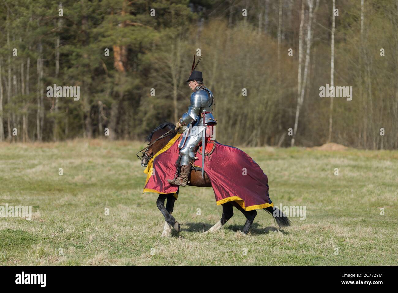 adult man in ancient knight armor rides across the field on a horse in ...