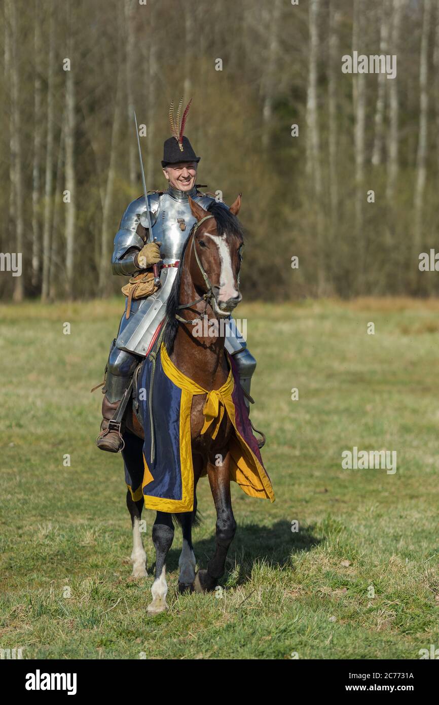 adult man in ancient knight armor rides across the field on a horse in ...