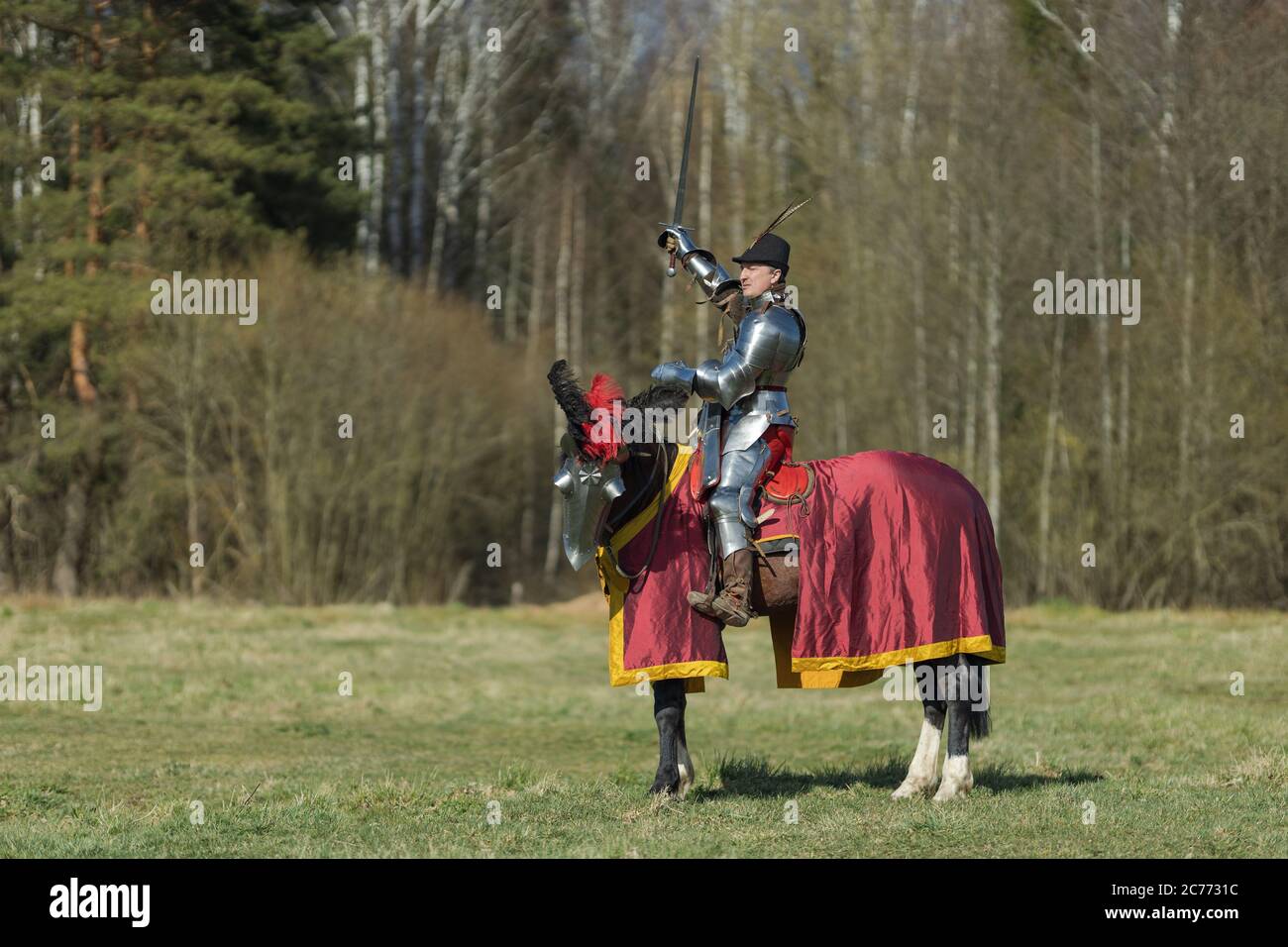 adult man in ancient knight armor rides across the field on a horse in ...