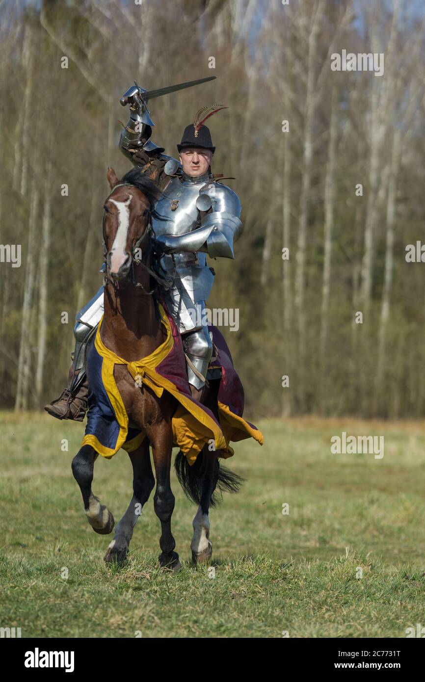 adult man in ancient knight armor rides across the field on a horse in ...