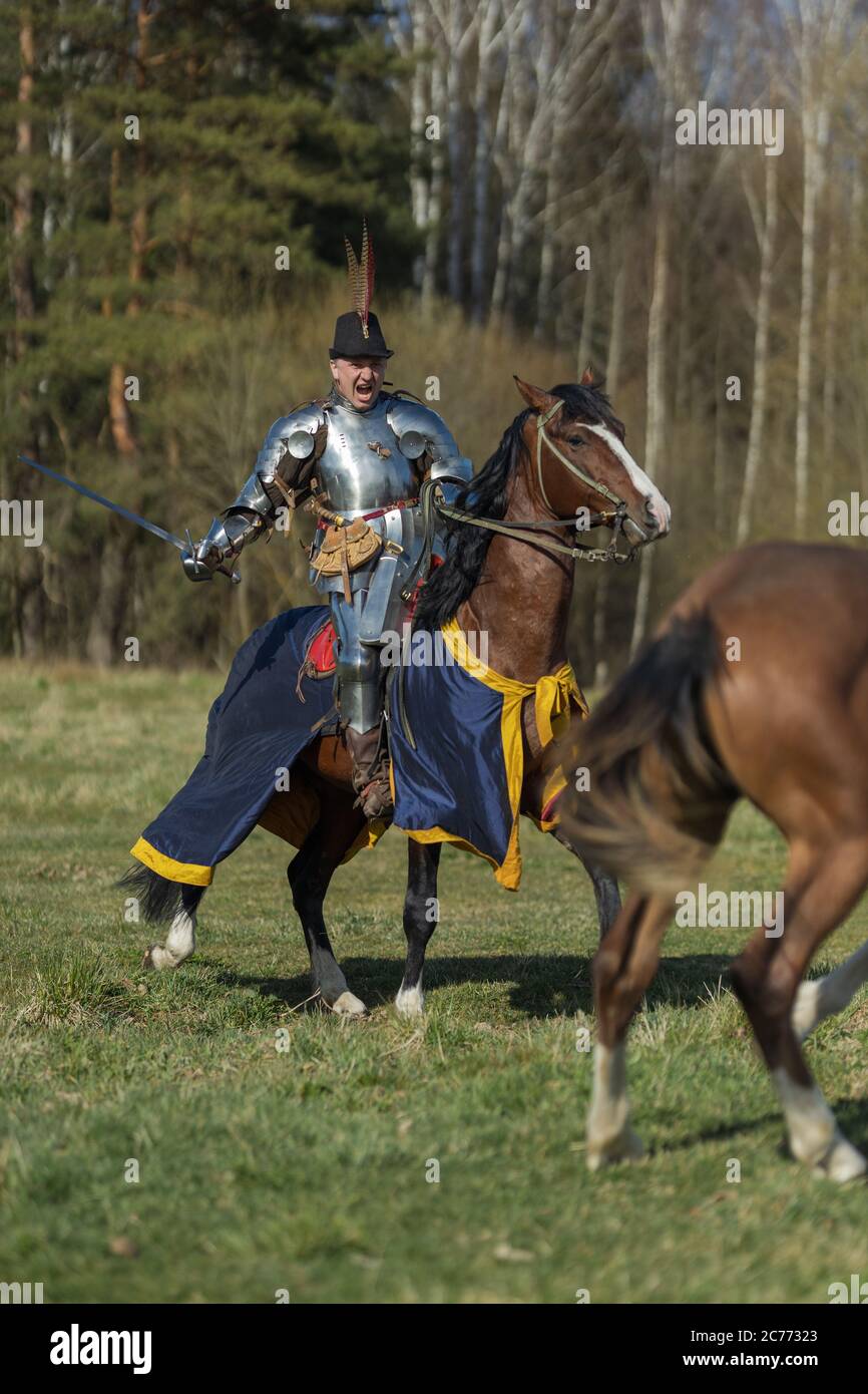 adult man in ancient knight armor rides across the field on a horse in ...