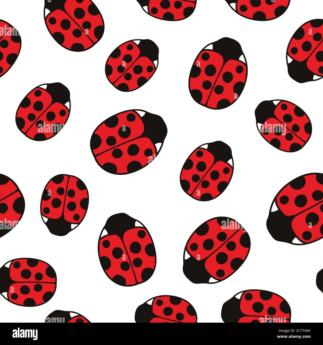 Seamless pattern with cute ladybugs and curly abstract line elements. Vector illustration. Stock Vector