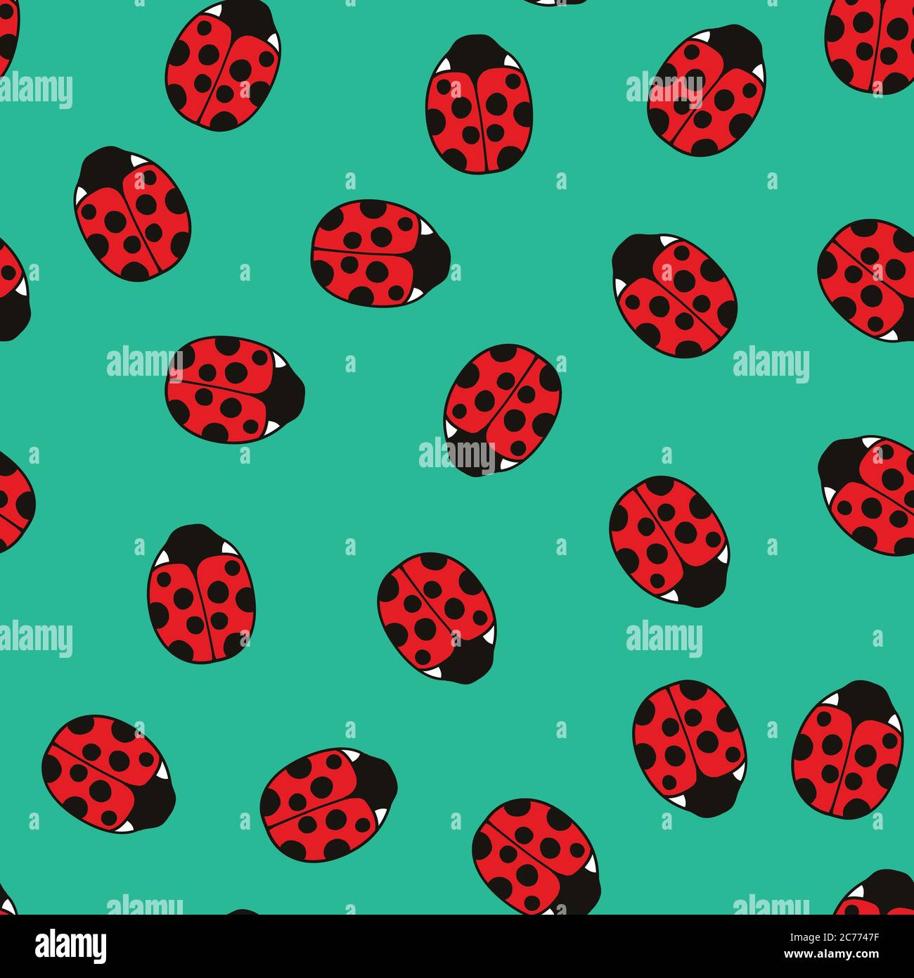 Seamless pattern with cute ladybugs and curly abstract line elements. Vector illustration. Stock Vector