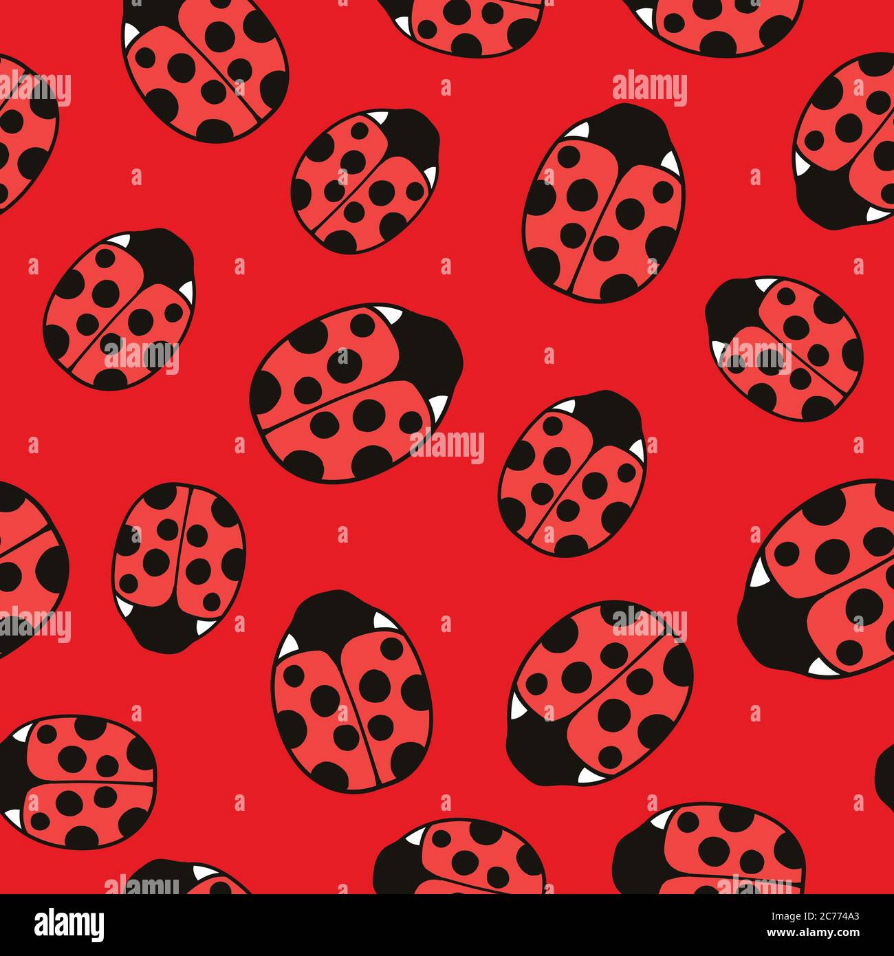 Seamless pattern with cute ladybugs and curly abstract line elements. Vector illustration. Stock Vector