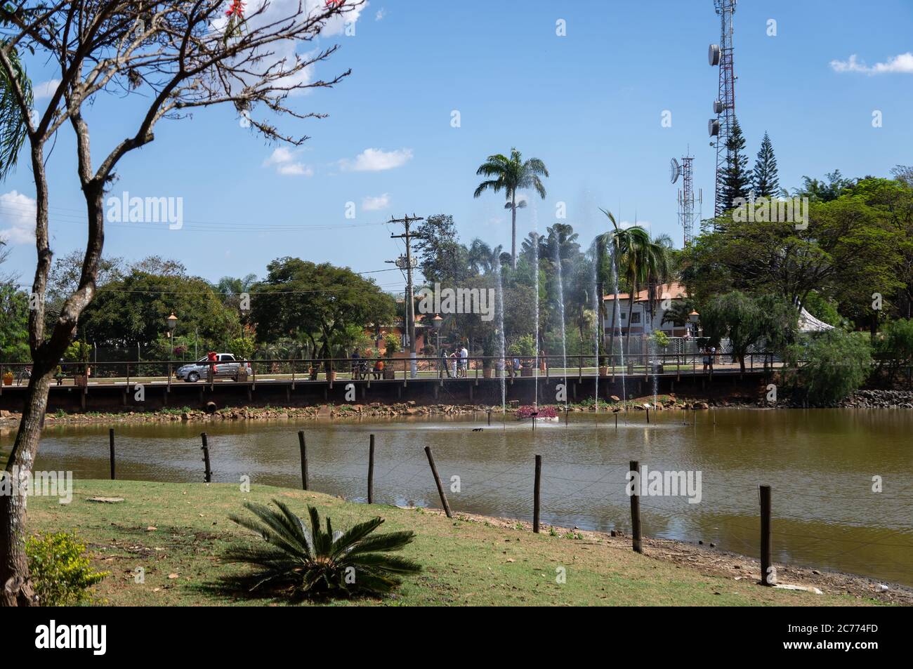 Distant view of the Love Deck (Deck do Amor) and partial view of Vitoria Regia lake. View from the middle of Vitoria Regia square. Stock Photo