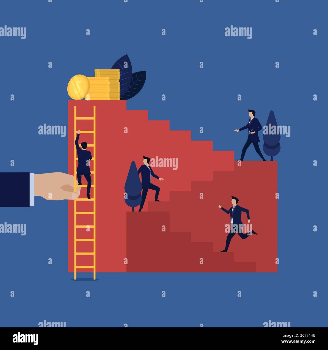 Businessman work hard climbing up stair while other climbing easily with ladder. Stock Vector