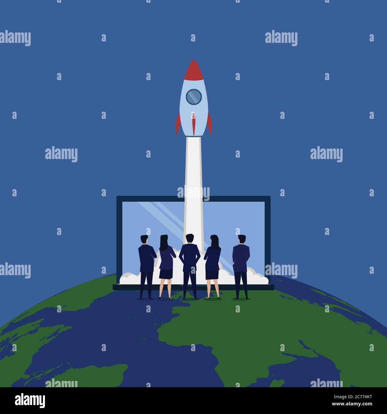 Business team see rocket launch metaphor start up go international ...