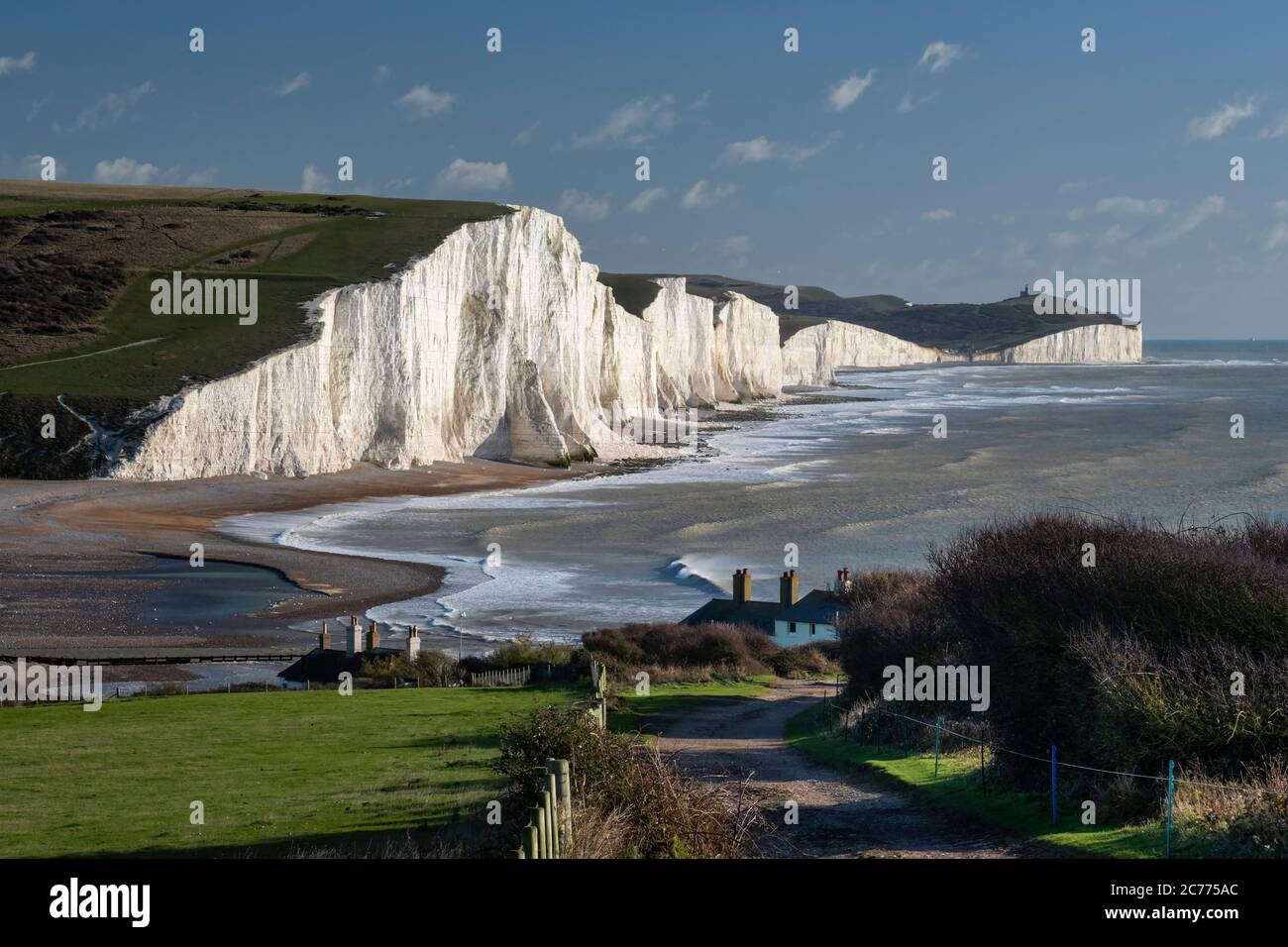 The Seven Sisters white chalk cliffs from Cuckmere Haven, South Downs National Park, East Sussex, England, UK Stock Photo