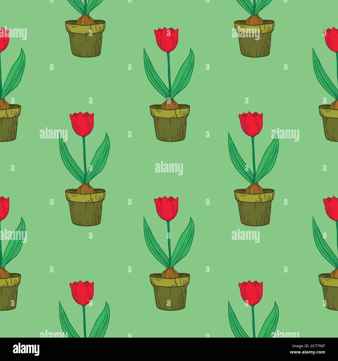 Cute seamless pattern with tulips in pots. Vector floral background. Stock Vector