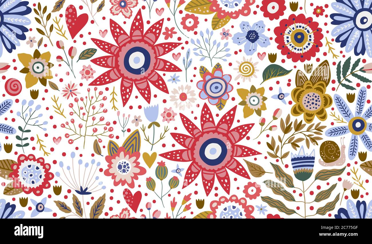 Floral ornate seamless cartoon pattern. Summer vector vintage background. Textured flower summer illustration. Decorative botanical drawing. Stock Vector