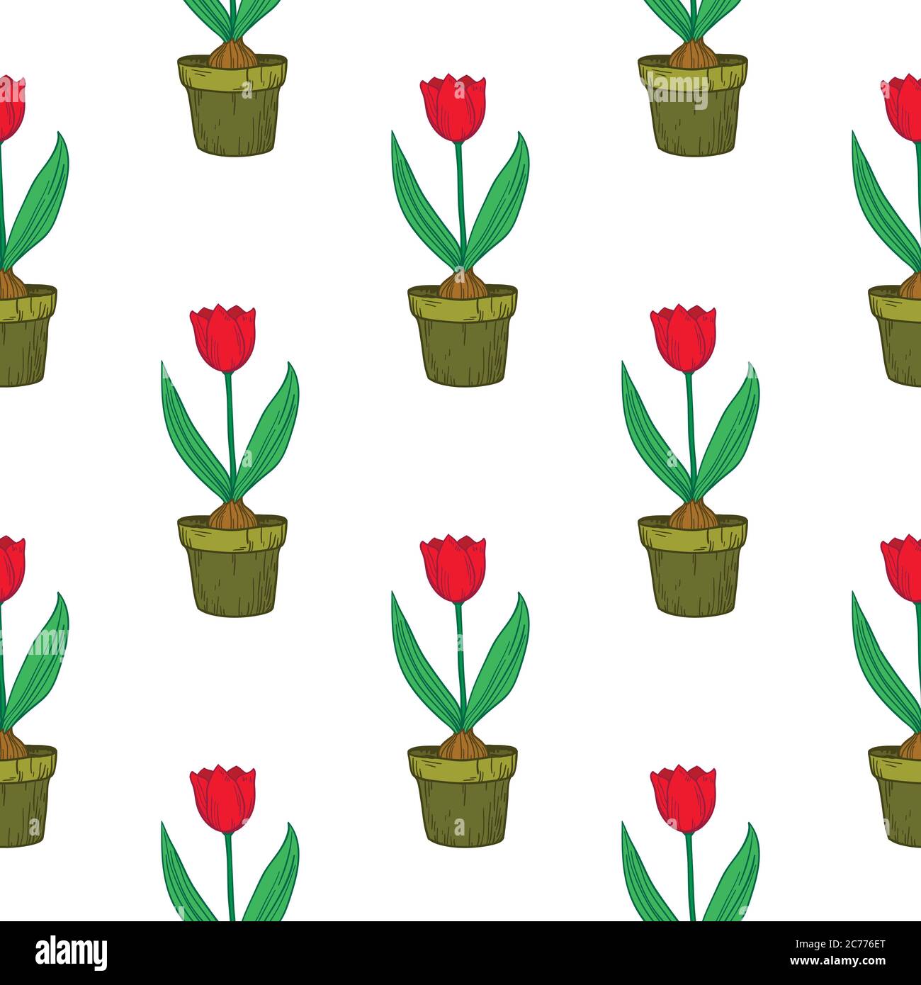 Cute seamless pattern with tulips in pots. Vector floral background. Stock Vector