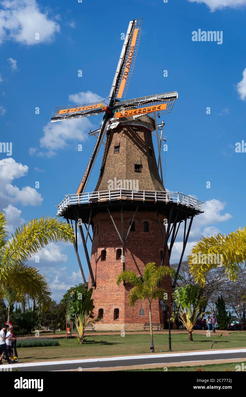 A dutch style windmill and famous landmark is the United Peoples Windmill. With banners celebrating 70 years of dutch immigration in Brazil Stock Photo