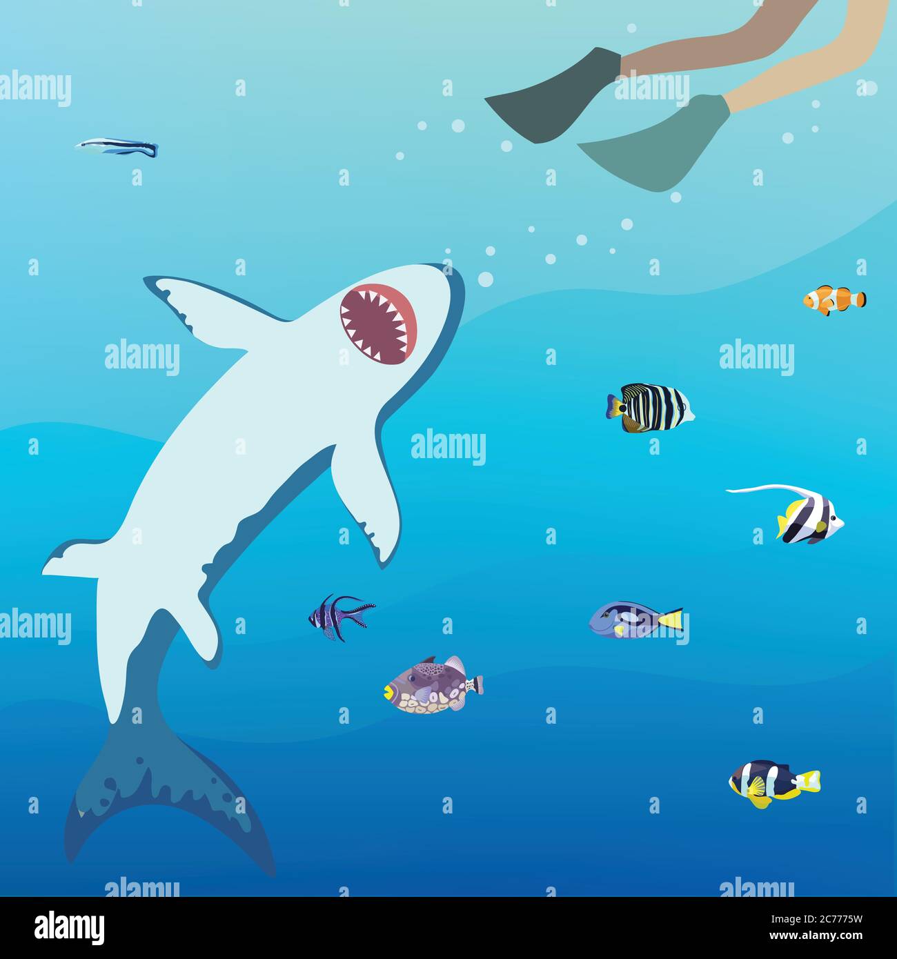 Angry shark tries to catch the diver. Vector illustration. Stock Vector