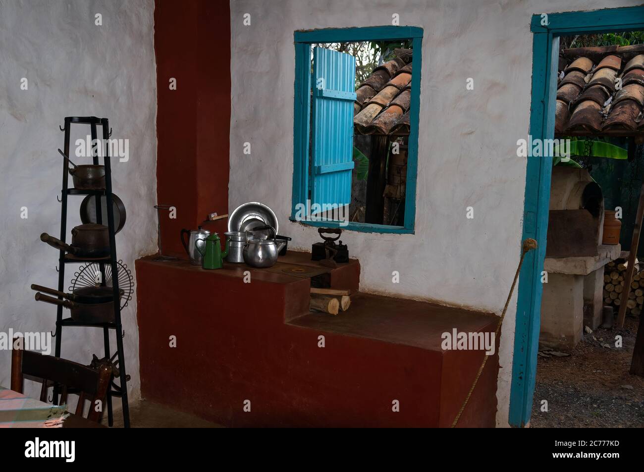 Replica of a 1940's dutch immigrant kitchen with typical decoration and furniture of the period. Stock Photo