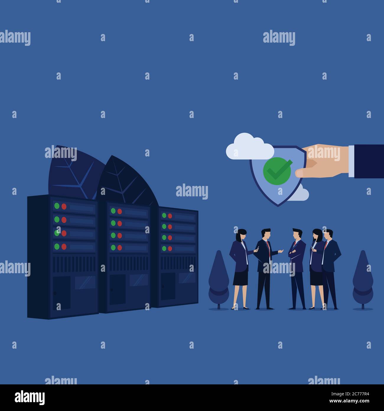 Business team discuss hand hold secure connection shield beside data center. Stock Vector