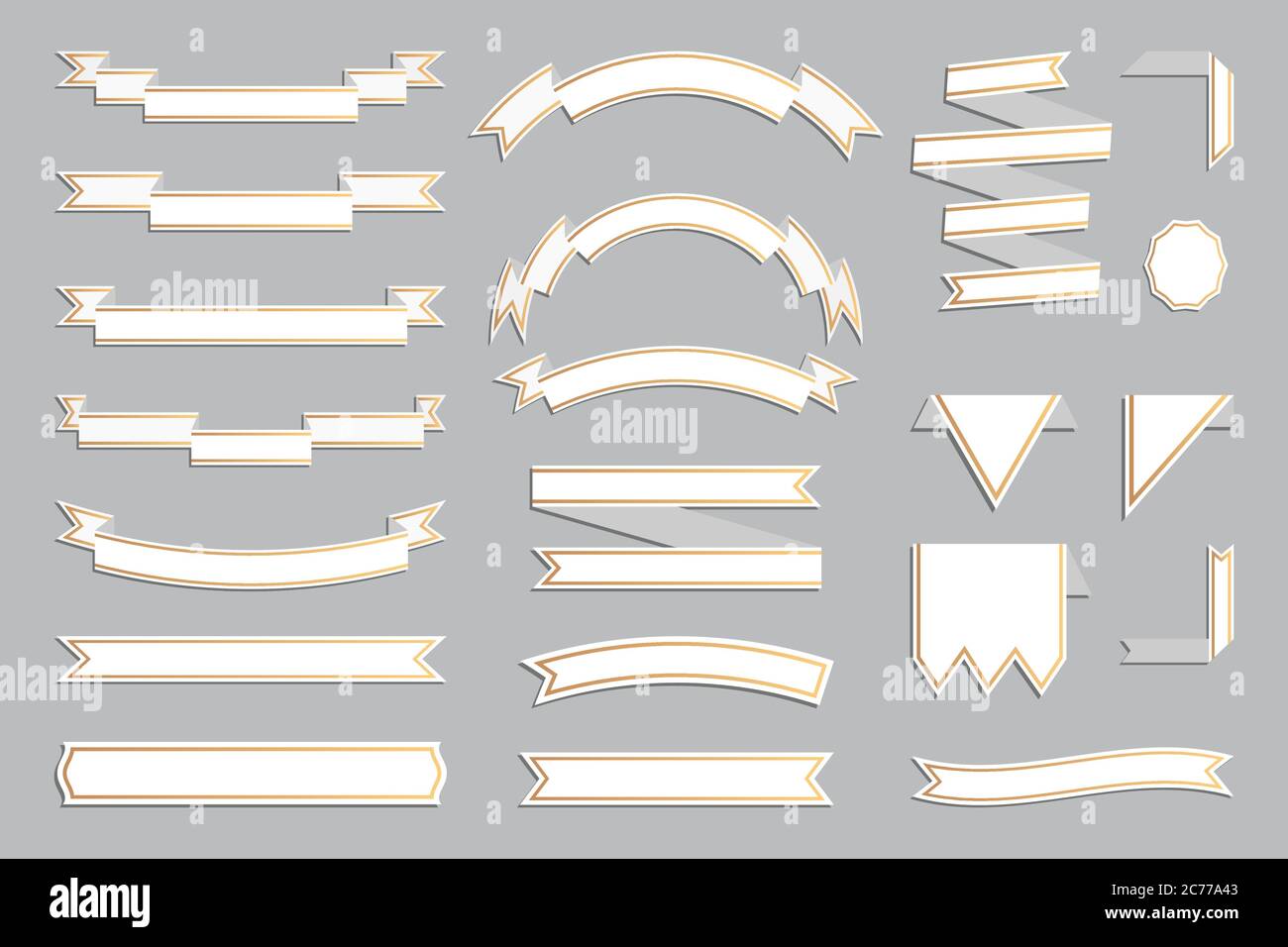 White ribbons with gold frame set. Cartoon paper background banner. Blank template different shape. Decorative flat retro flag, tape for text, price tag, sale label. Isolated vector illustration Stock Vector