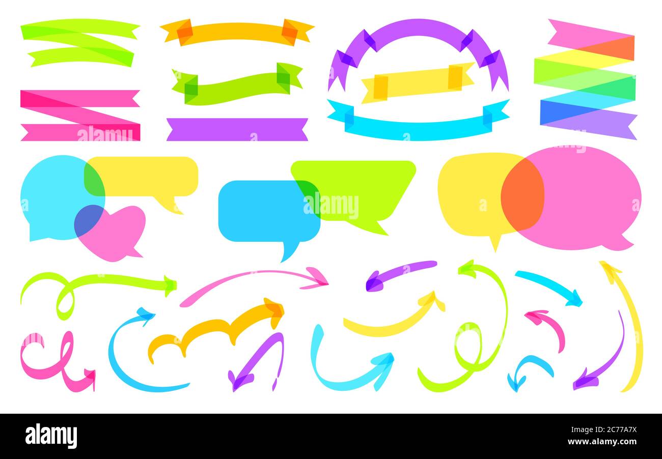 Overlapping color comic speech bubble, ribbon, arrow set. Colorful overprint banner. Hand drawn highlighter marker line. Intersecting different shapes blank balloons. Isolated vector illustration Stock Vector
