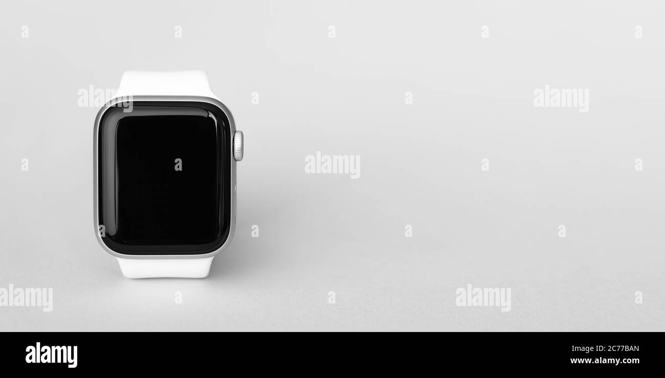 Petrozavodsk, Russia - July 12, 2020: Close-up new Apple Watch Series 4 aluminum and ceramic case. Black and white photo. Stock Photo