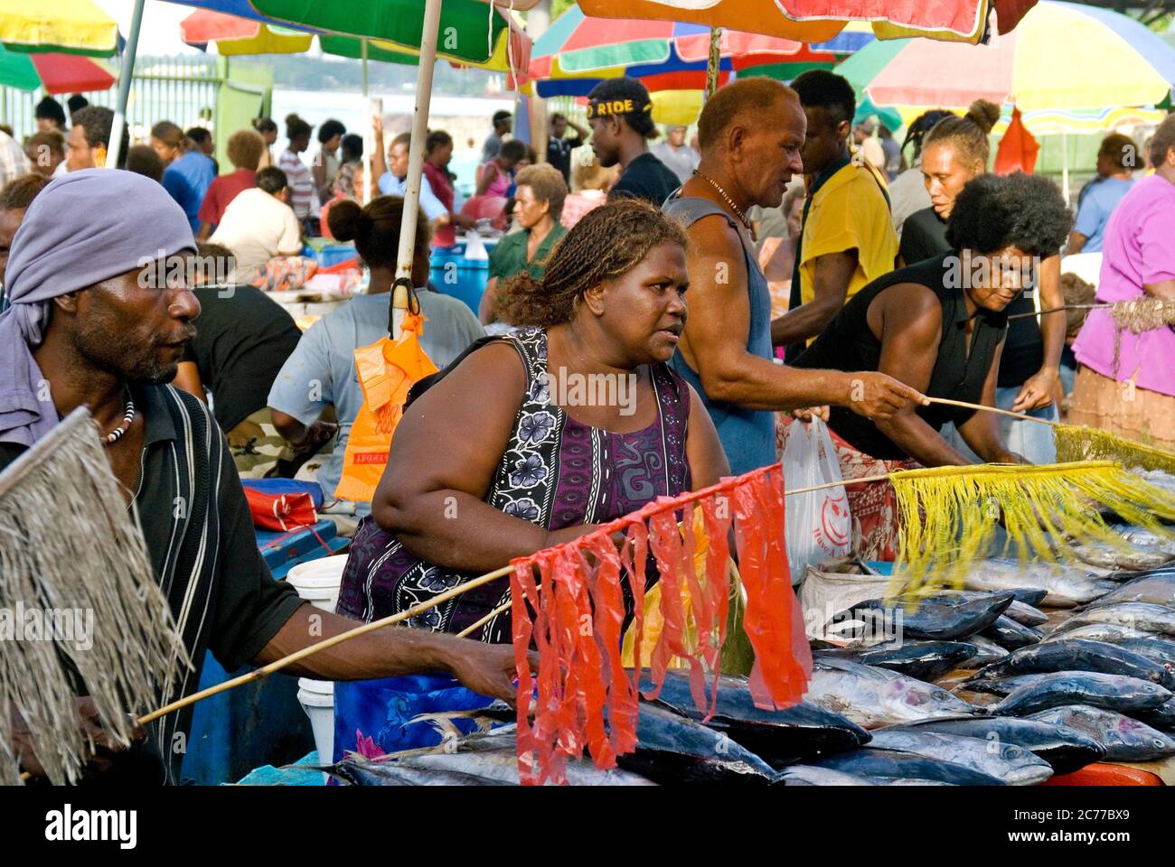 Trading fresh-caught seafood at the central market in Honiara