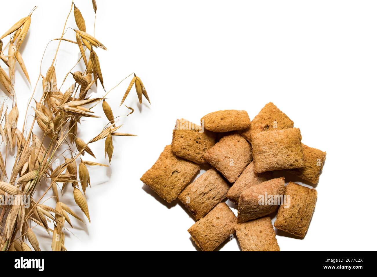 Dietary cereal pads on a white background. Branch of dry oats and cereal pads isolated on a white background. Healthy eating example Stock Photo