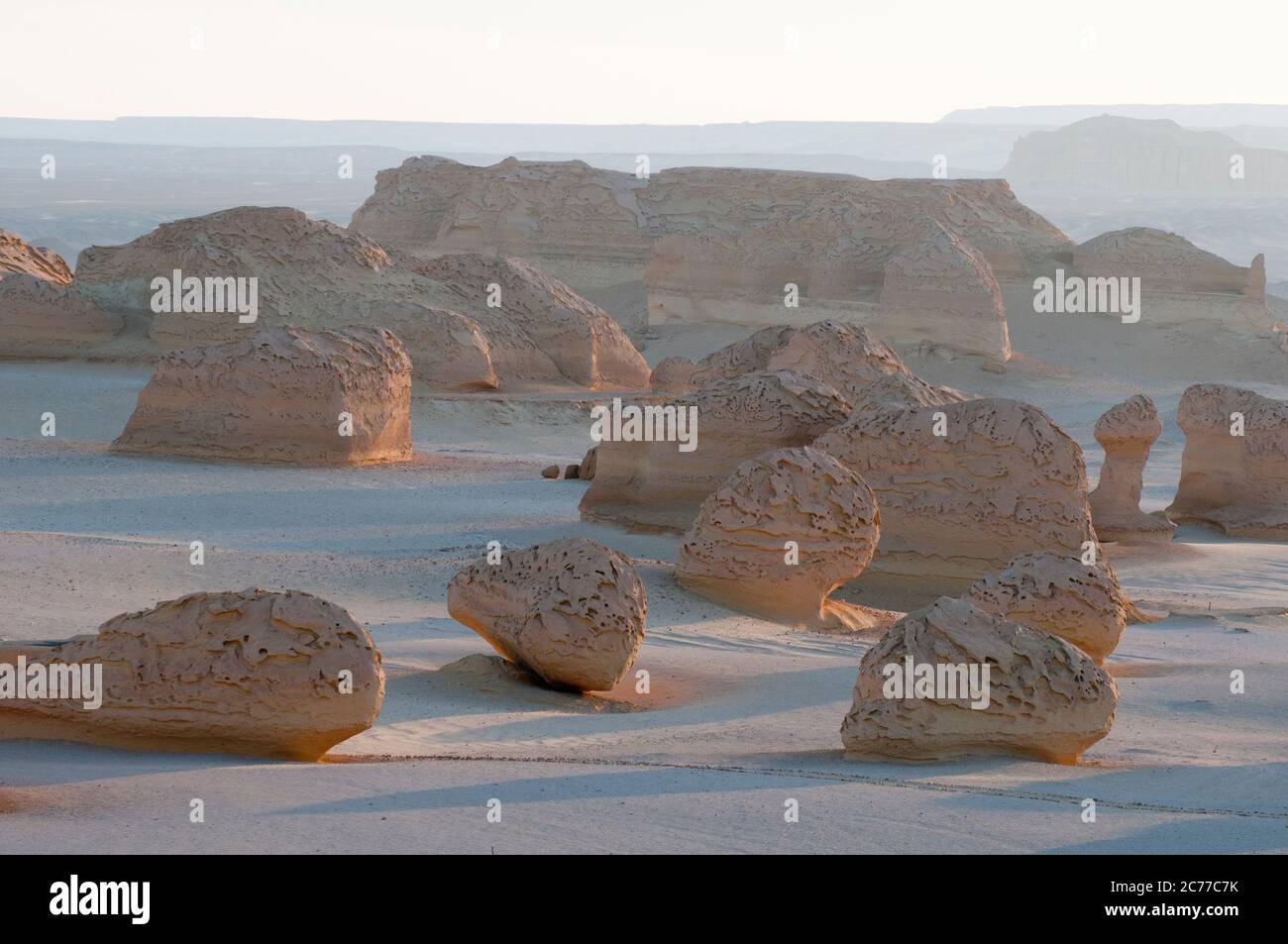 Desert landforms formed by wind erosion at Wadi El Hitan, Valley of the Fossils Stock Photo