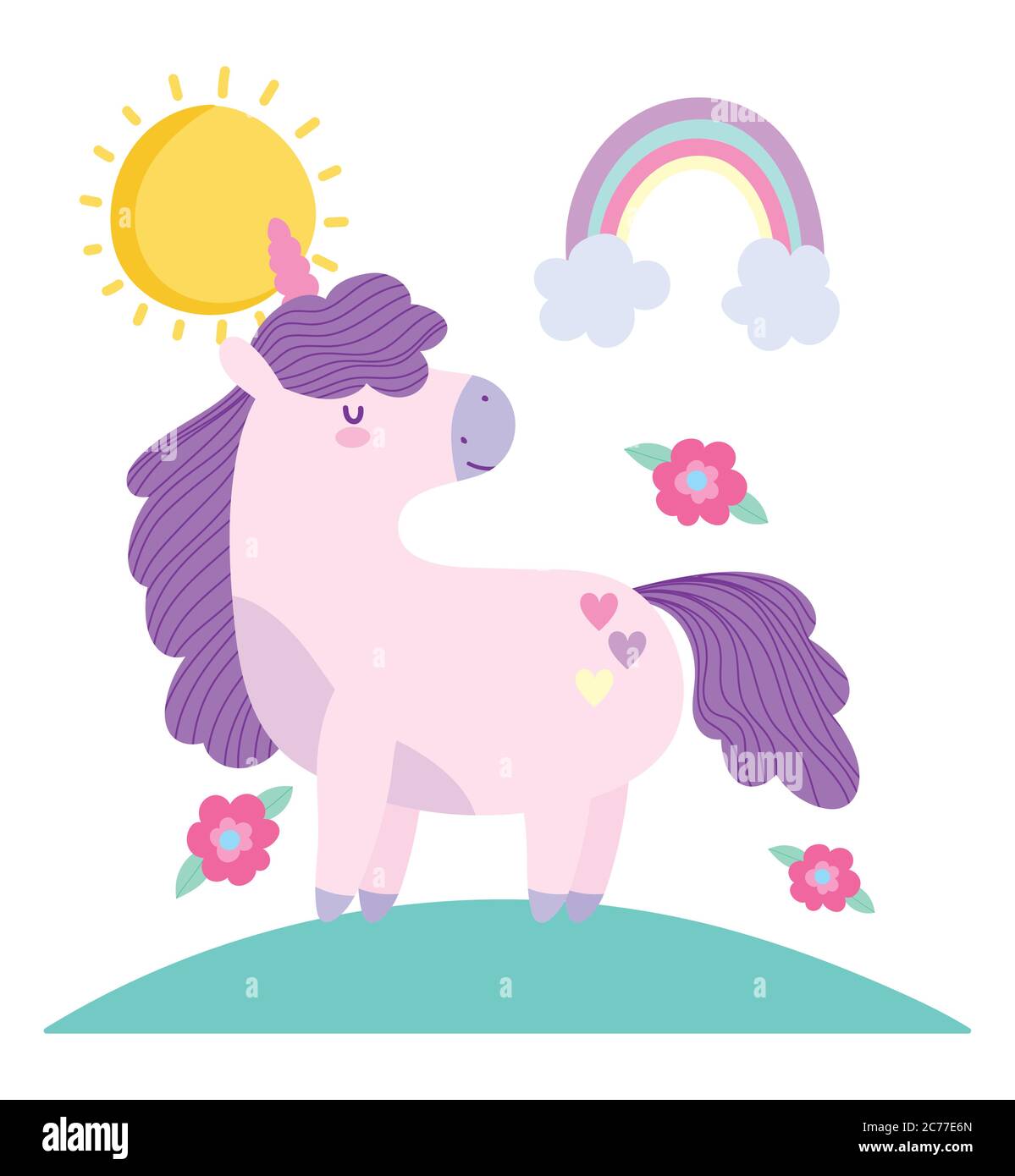 little unicorn flowers rainbow fantasy magic animal cartoon vector ...