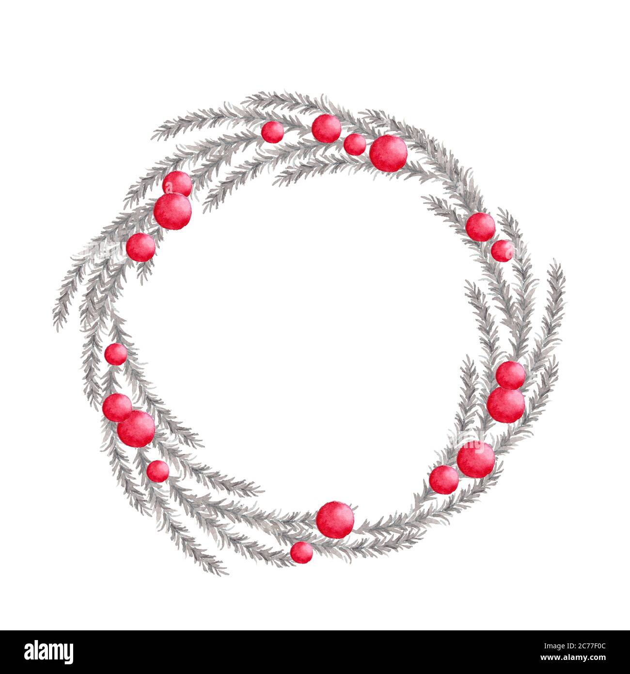 Merry Christmas wreath, red berries, and tree branches isolated on ...