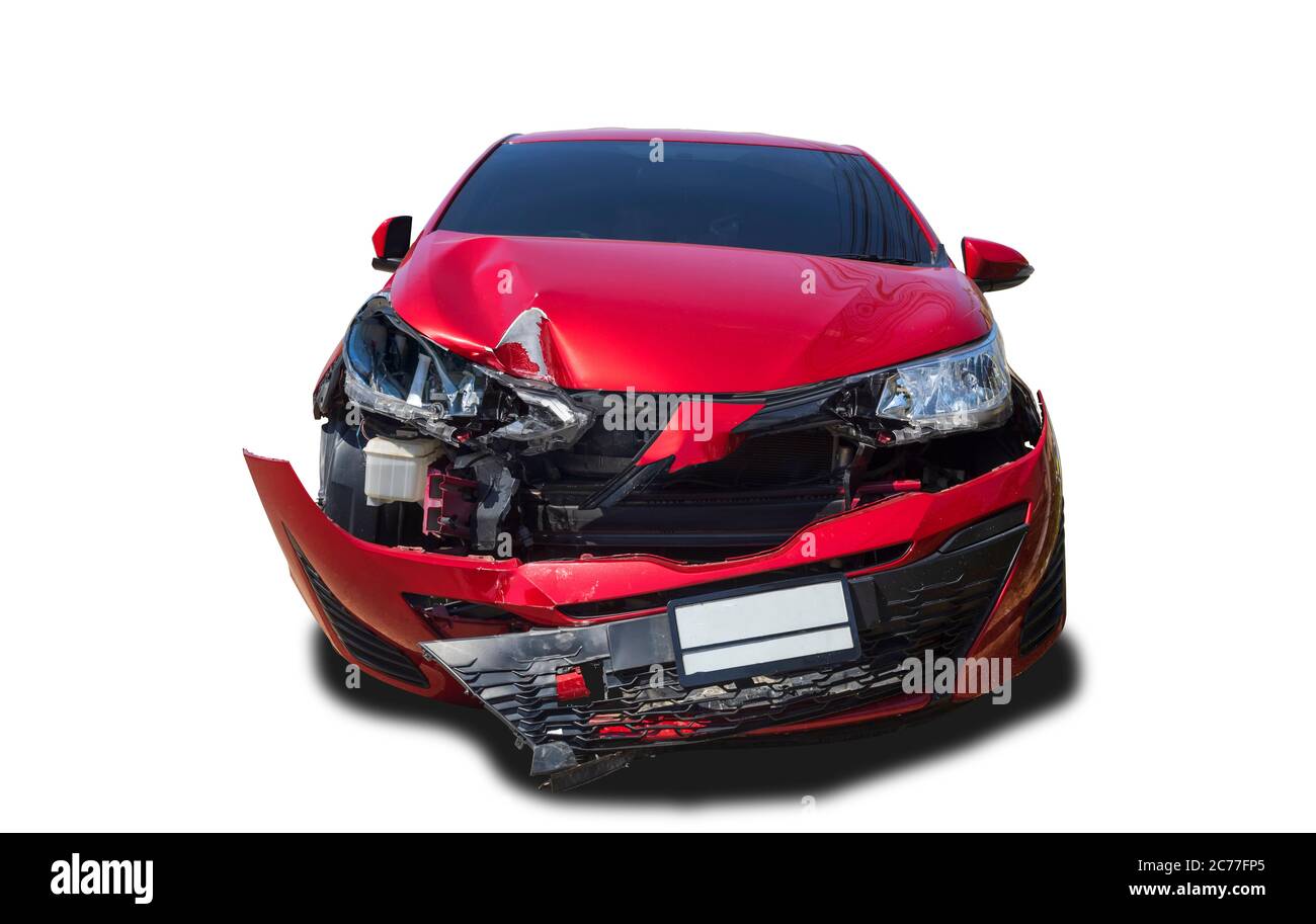 Front of red color car damaged and broken by accident isolated on white background. Save with clipping path. Stock Photo