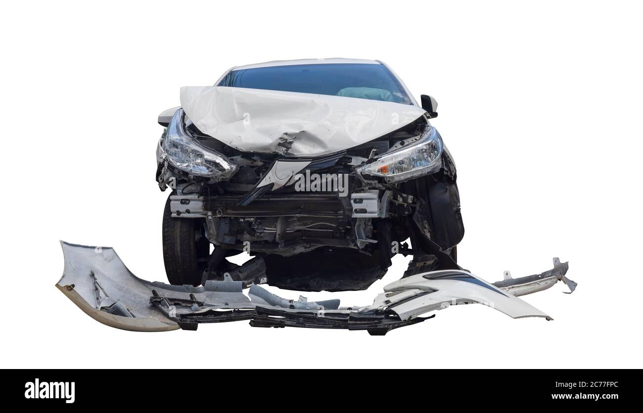 Front of white color car damaged and broken by accident isolated on white background. Save with clipping path. Stock Photo