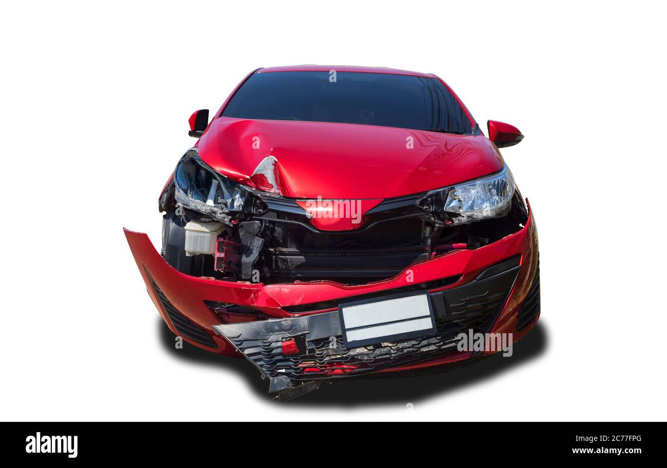 Front of red color car damaged and broken by accident isolated on white background. Save with clipping path. Stock Photo