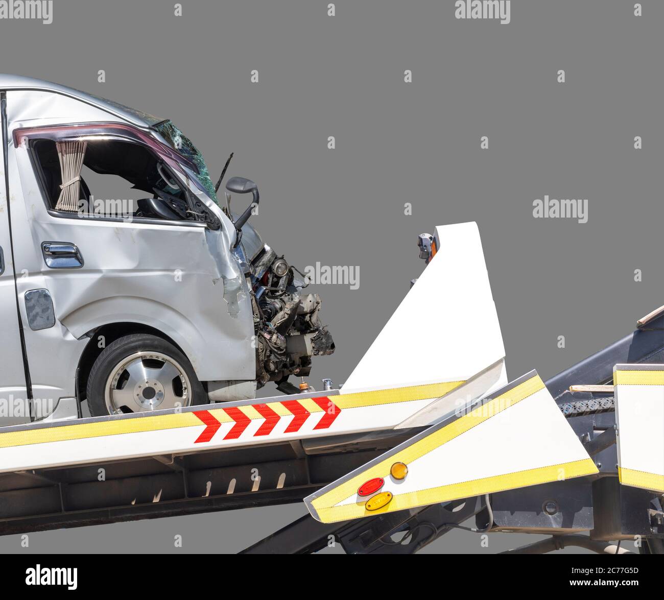 accident Car Slide on truck for move. van car have damage by accident