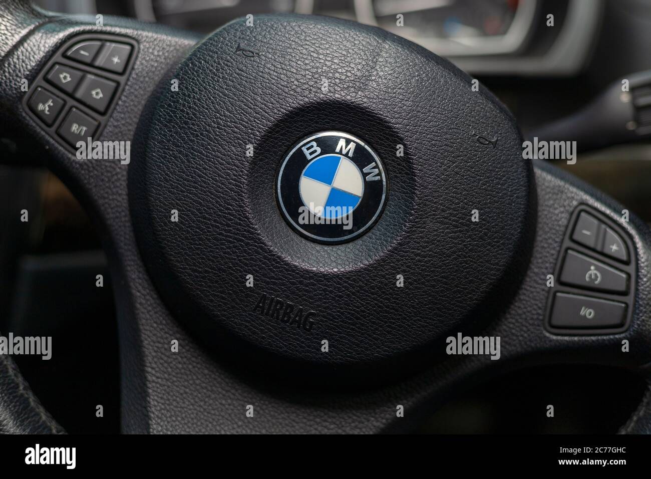Phuket, Thailand. October 24, 2019: BMW X3 , Black car Interior steering wheel and side control. Stock Photo