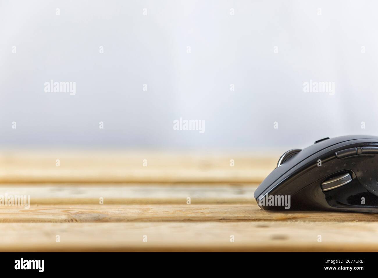 Office concept. Close up head mouse on wood table and white background with copy spce for text or design. Stock Photo
