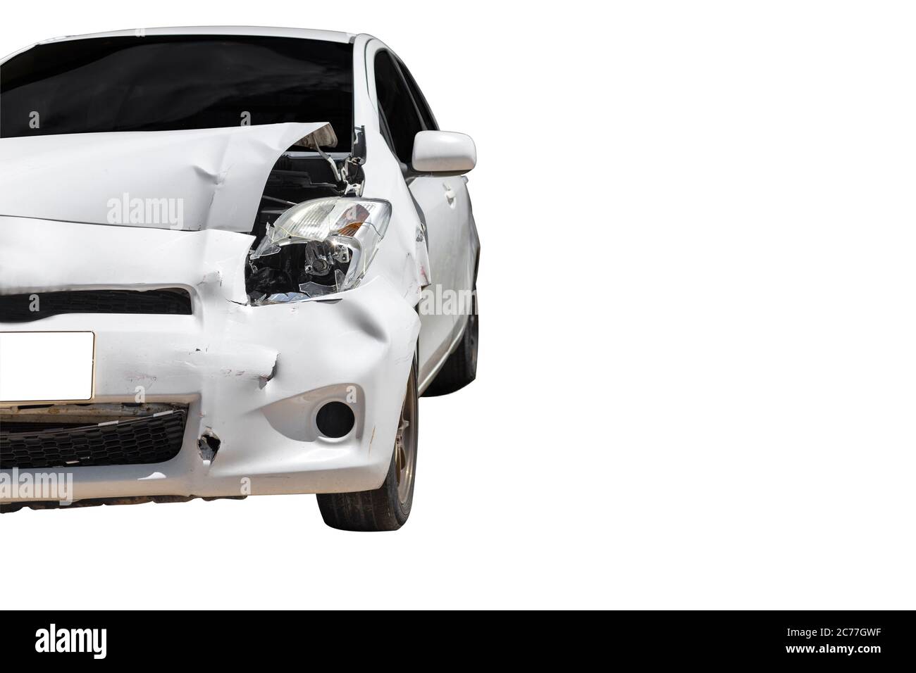 Front of white color car big damaged and broken by accident. Isolate on