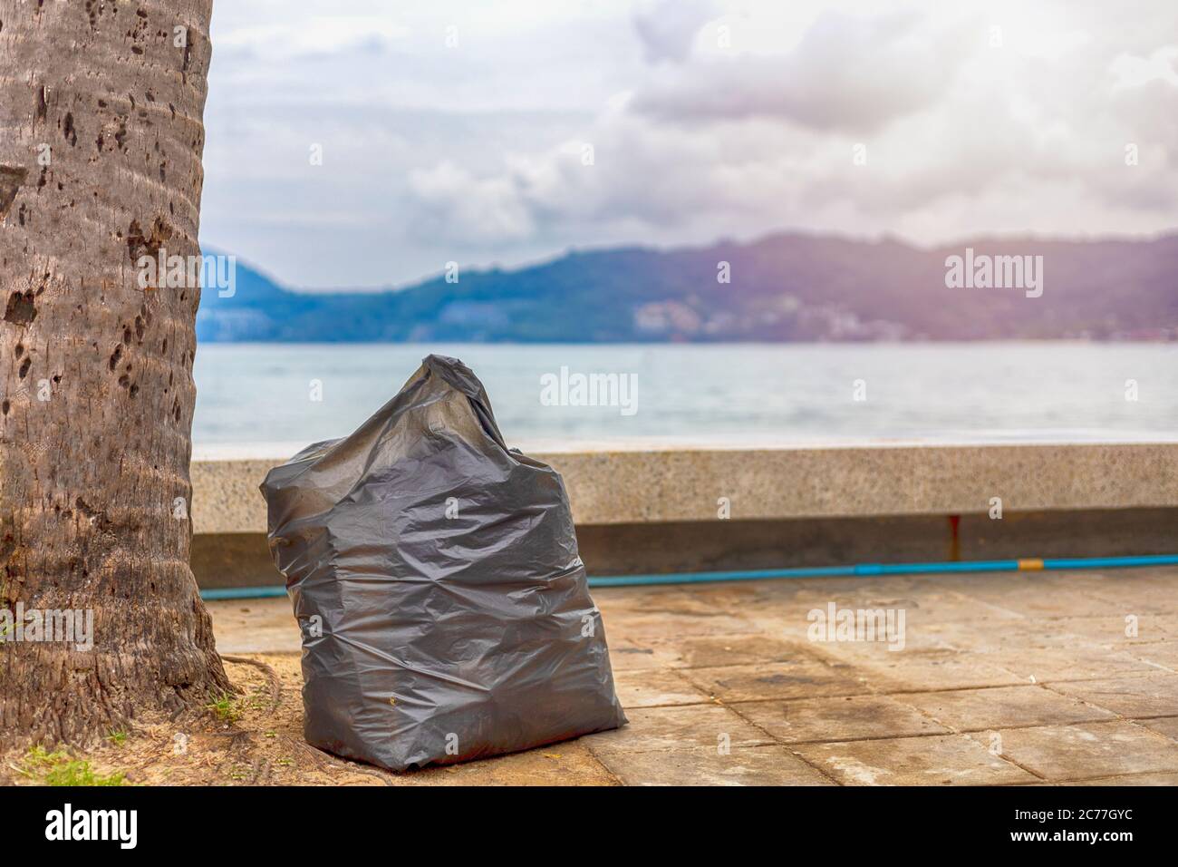 https://c8.alamy.com/comp/2C77GYC/environment-concept-big-plastic-garbage-bag-on-sidewalk-under-coconut-palm-tree-near-the-beach-2C77GYC.jpg
