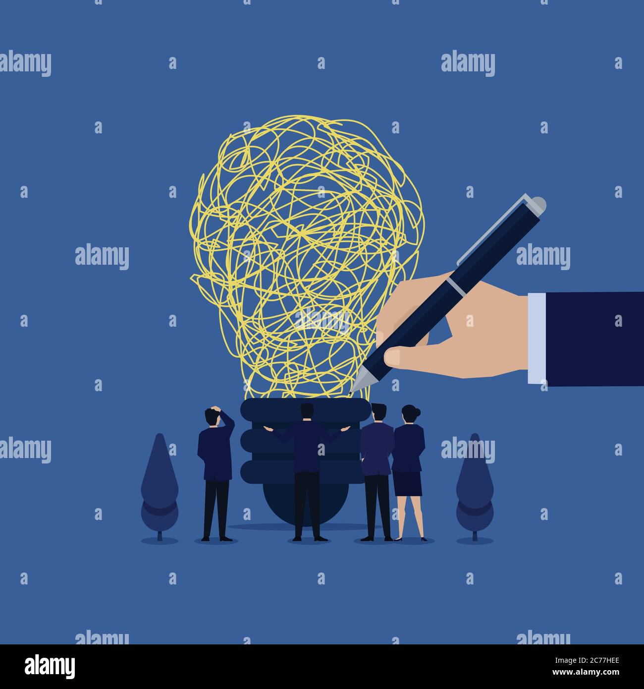 Business flat vector concept hand draw tangled thread above lamp metaphor of problem solving. Stock Vector