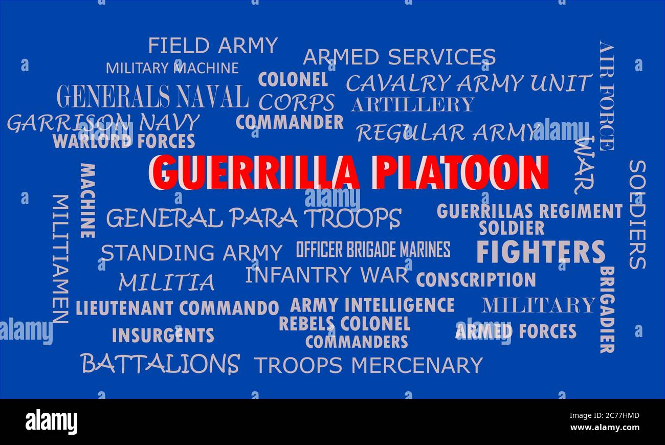 Guerrilla platoon related words and post presented on colorful text cloud vector abstract. Stock Vector