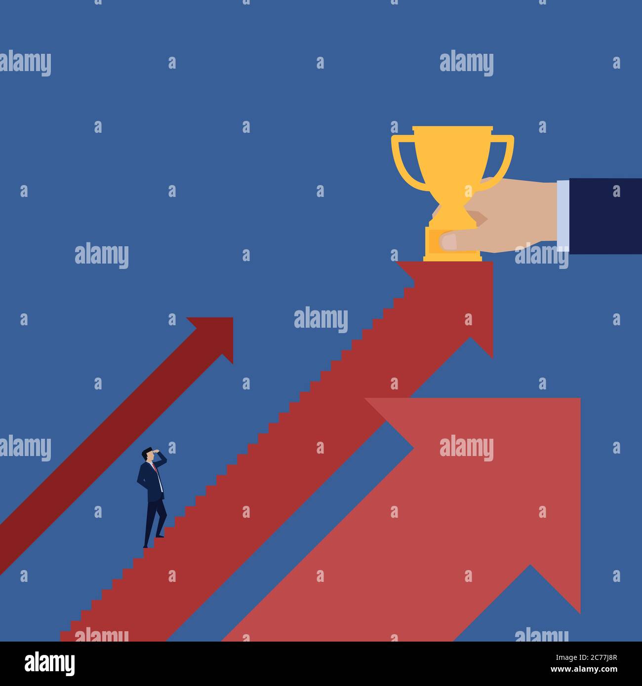 Business flat vector concept man climb stair to trophy metaphor of ...