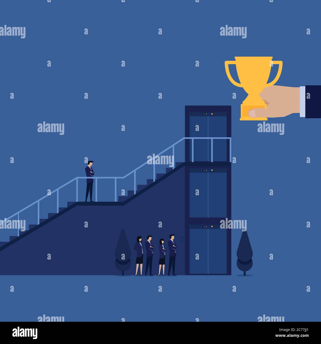 Businessman climb staircase while other wait on elevator to get trophy
